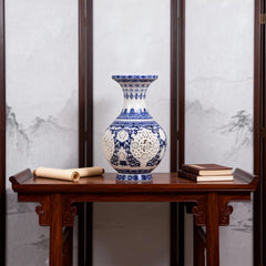 Hollowed-out blue and white porcelain vase with the character "Fu" for home decoration