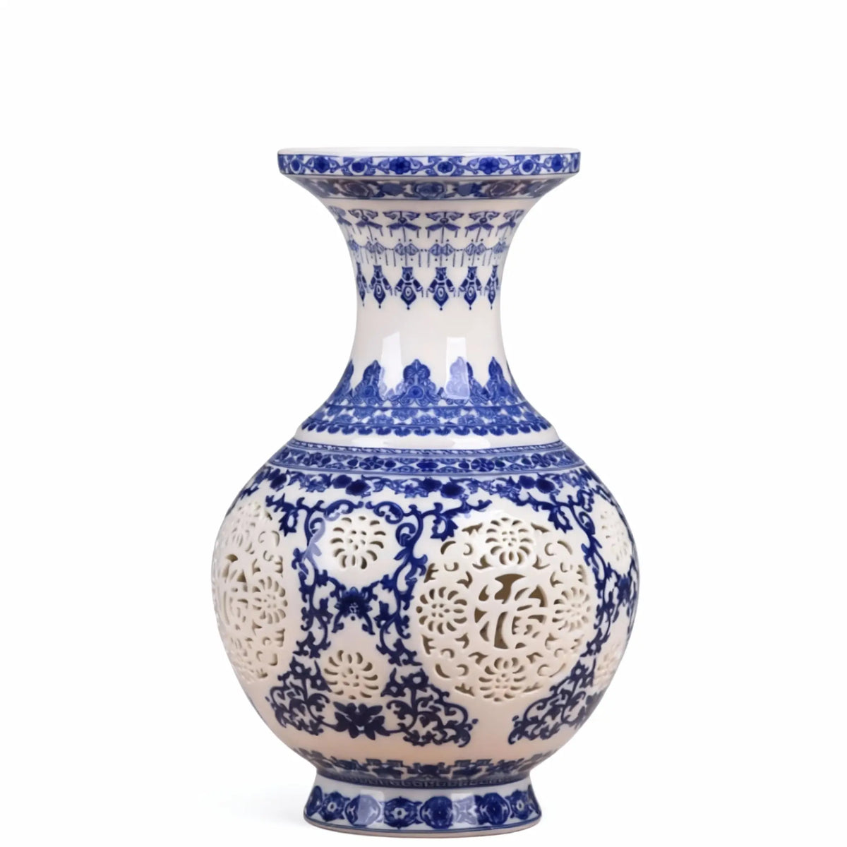 Hollowed-out blue and white porcelain vase with the character "Fu" for home decoration