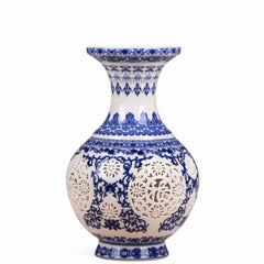Hollowed-out blue and white porcelain vase with the character "Fu" for home decoration
