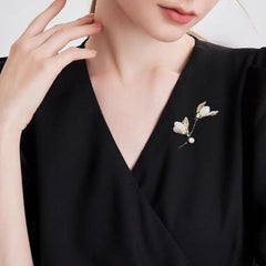 Vintage Hetian Jade Magnolia Flower Brooch with Pearl & Enamel Accents