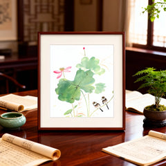 Traditional Chinese Style Wooden Framed Decorative Painting - Lotus & Birds Theme for Home Wall Art Decor