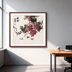 Chinese Framed Wall Art Autumn Rhyme Grape Birds for Home Office Decoration