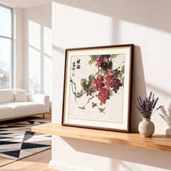 Chinese Framed Wall Art Autumn Rhyme Grape Birds for Home Office Decoration